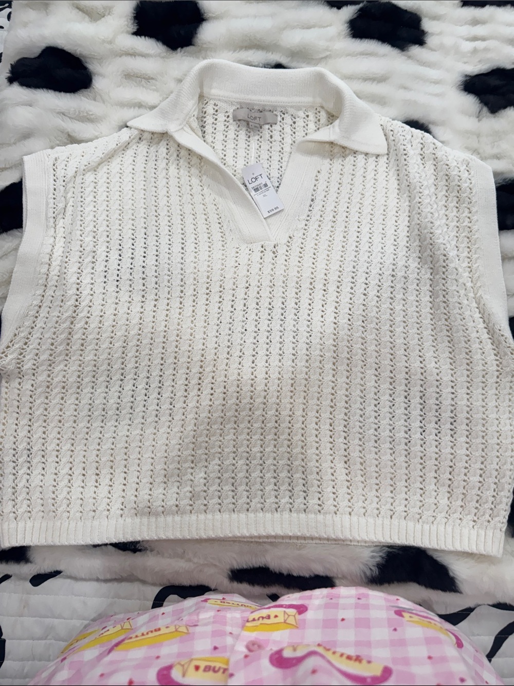 LOFT Cream Open-Knit Sleeveless Polo Sweater